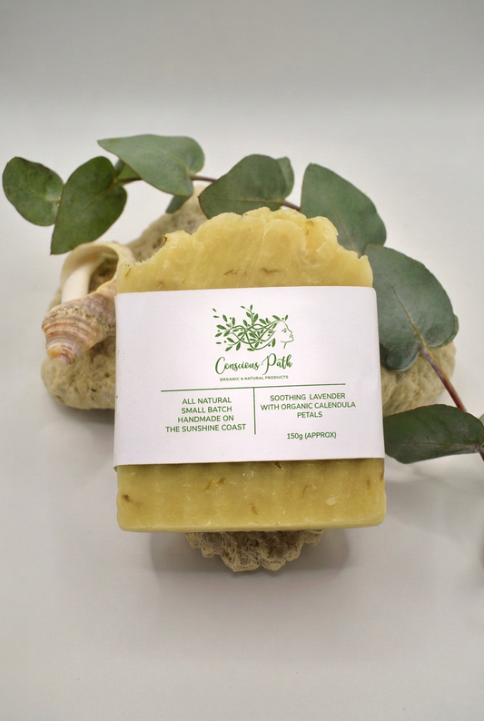 Lavender and Calendula soap with green label text