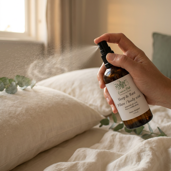 Sleep & Rest Pillow Mist being sprayed onto bed linen